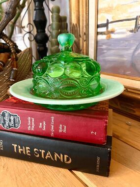 Mosser Eye Winker Green Opal Glass Covered Butter Dish Vintage Style